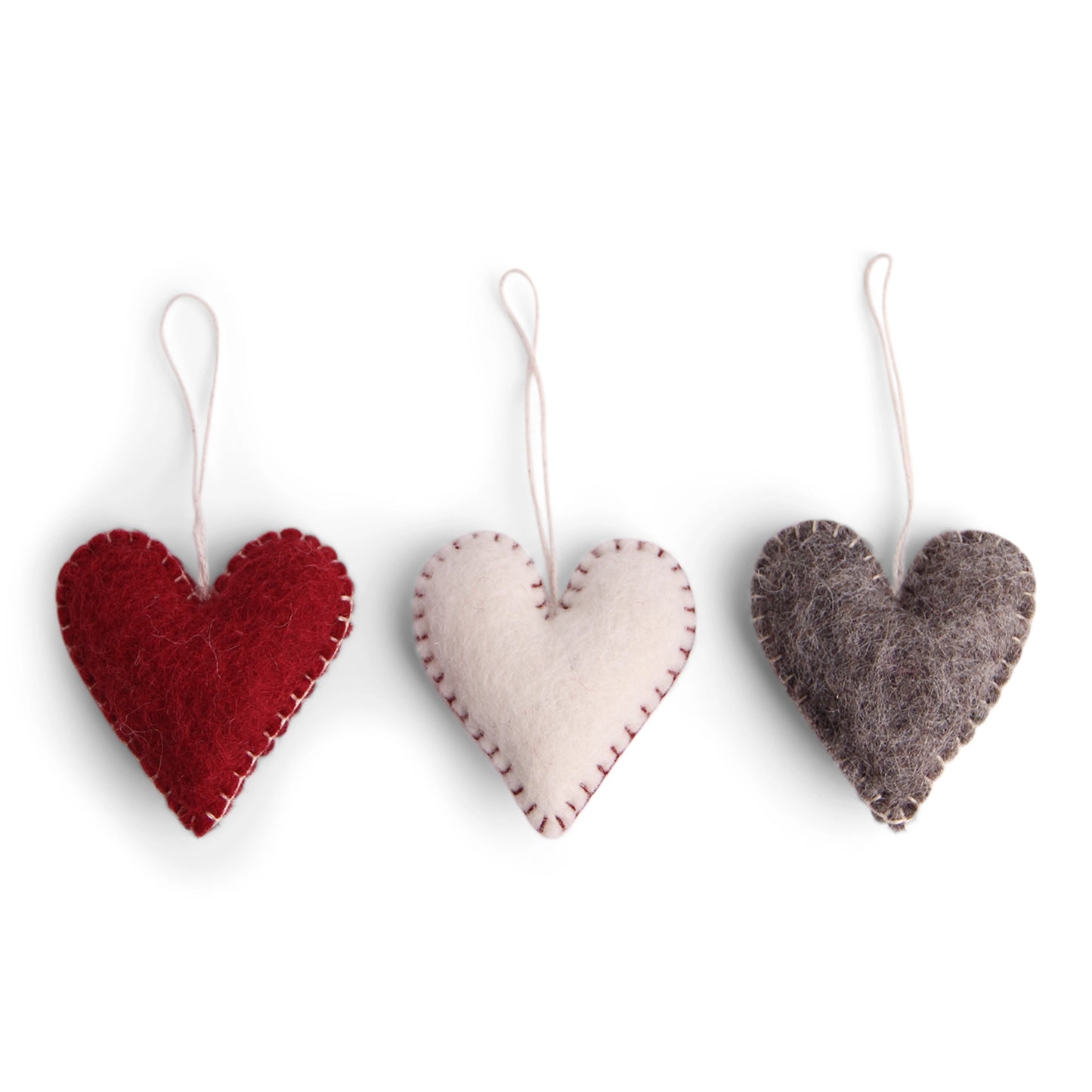 Felt Heart Ornaments with Stitching, Classic - Set of 3