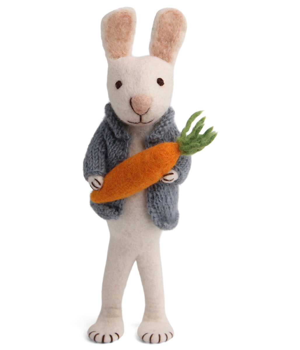 Felt Large White Bunny w/Blue Jacket and Carrot
