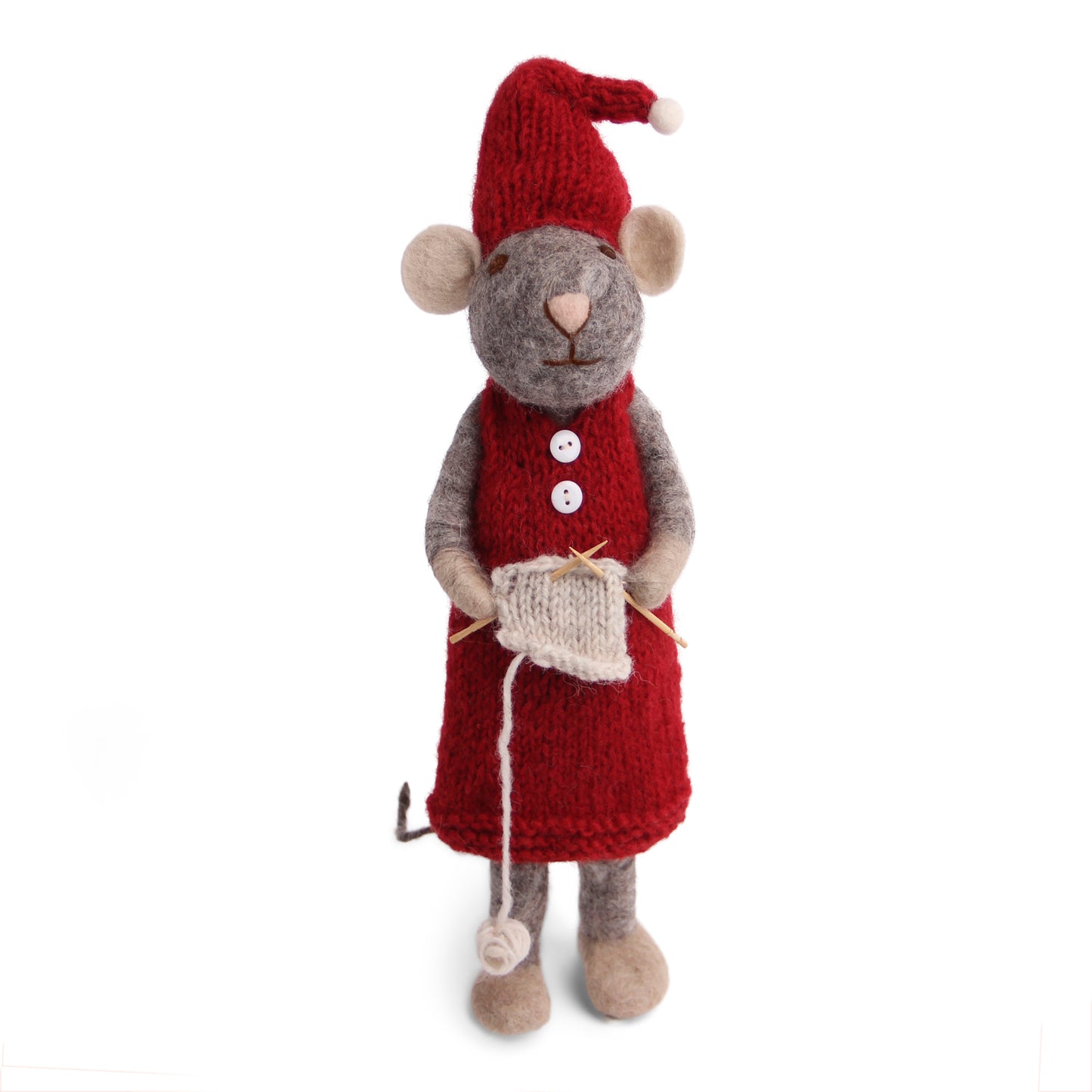 Felt X-Large Grey Mouse with Red Dress and Knitting