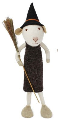 Felt X-Large White Mouse with Broom and Brown Dress