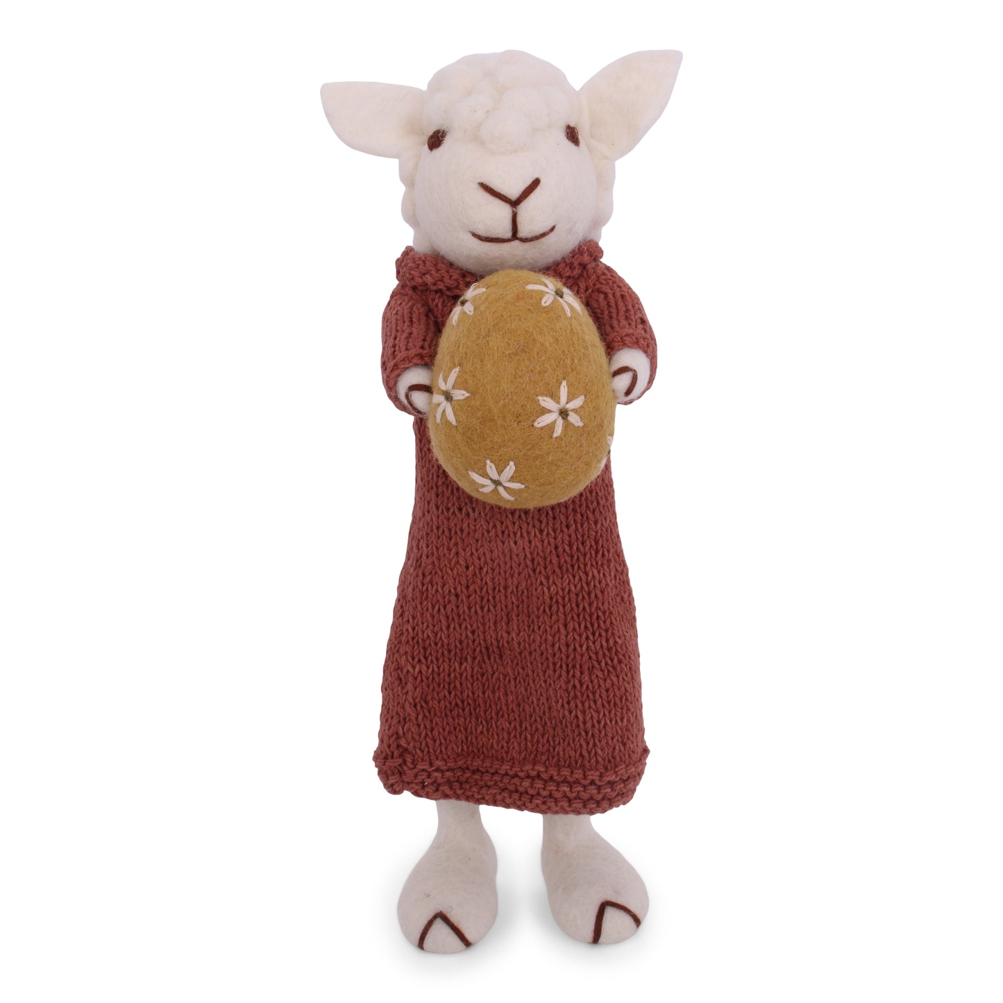 Felt Large White Sheep with Dusty Red Dress & Egg