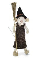 Felt Large White Mouse with Broom and Brown Dress