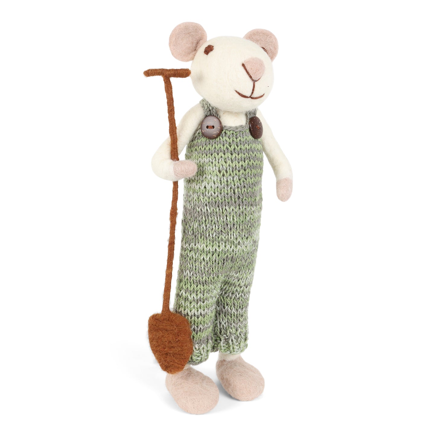 Felt Large White Mouse with Green Clothing & Spade