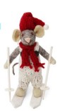 Felt Grey Mouse on Skis with Red Hat and Scarf Ornament