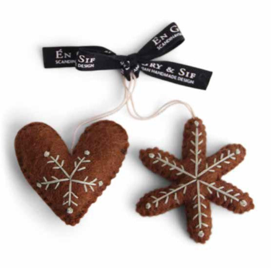Felt Gingerbread Heart & Star Ornament, Set of 2