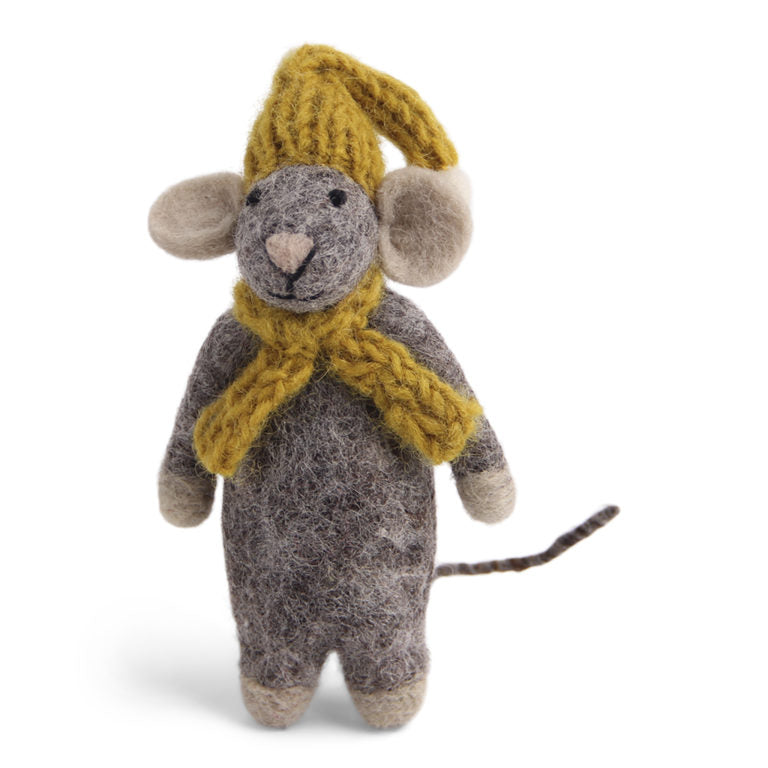 Felt Grey Mouse with Yellow Hat & Scarf Ornament