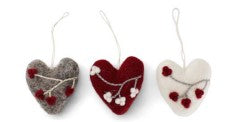 Felt Heart Ornaments with Berries, Set of 3