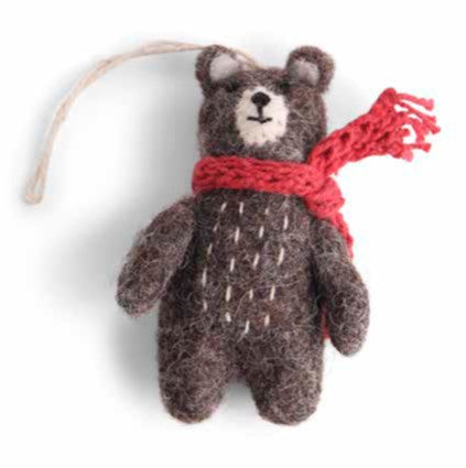 Felt Mini Bear Ornament, Grey with Red Scarf