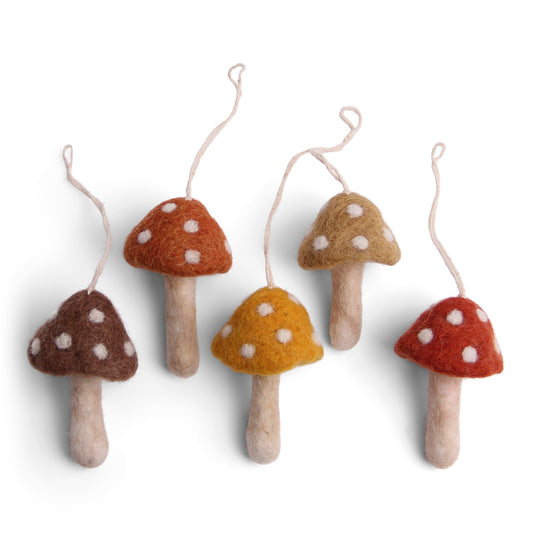 Felt Mushroom Ornaments, Rusty Red, Set of 5