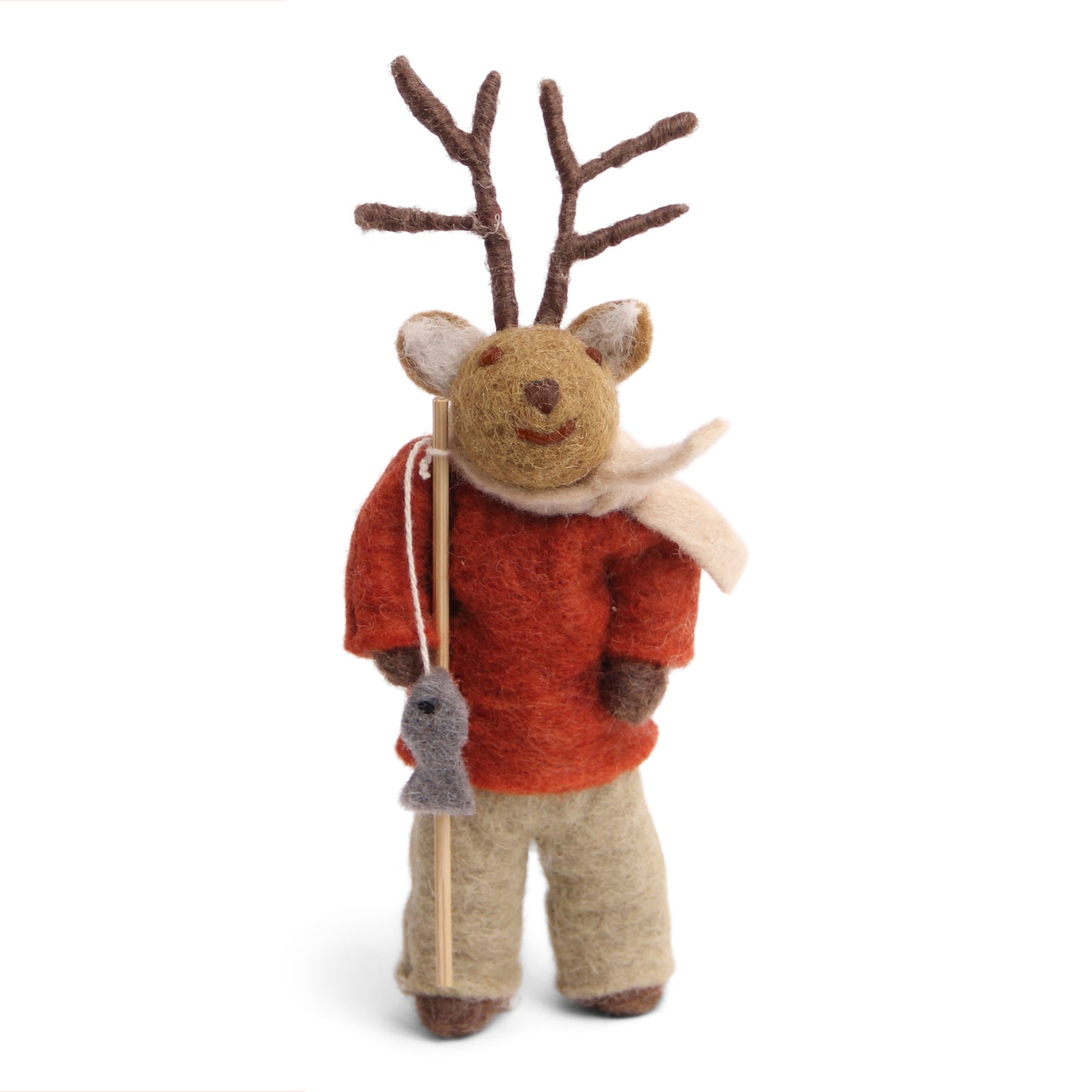 Felt Small Brown Boy Deer with Fishing Pole Ornament