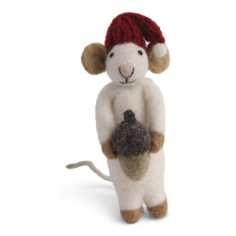 Felt White Mouse with Acorn Ornament