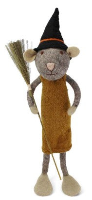 Felt X-Large Grey Mouse with Broom and Ochre Dress