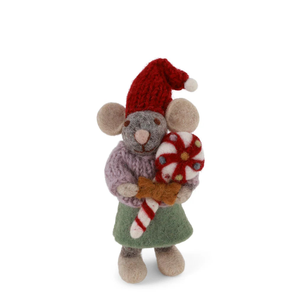 Felt Small Grey Girl Mouse with Christmas Candy Ornament