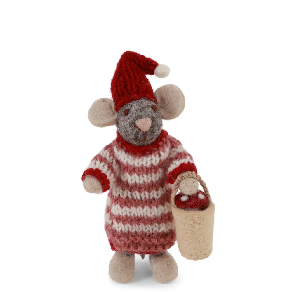 Felt Small Grey Girl Mouse in Dress with Mushroom in Bucket Ornament