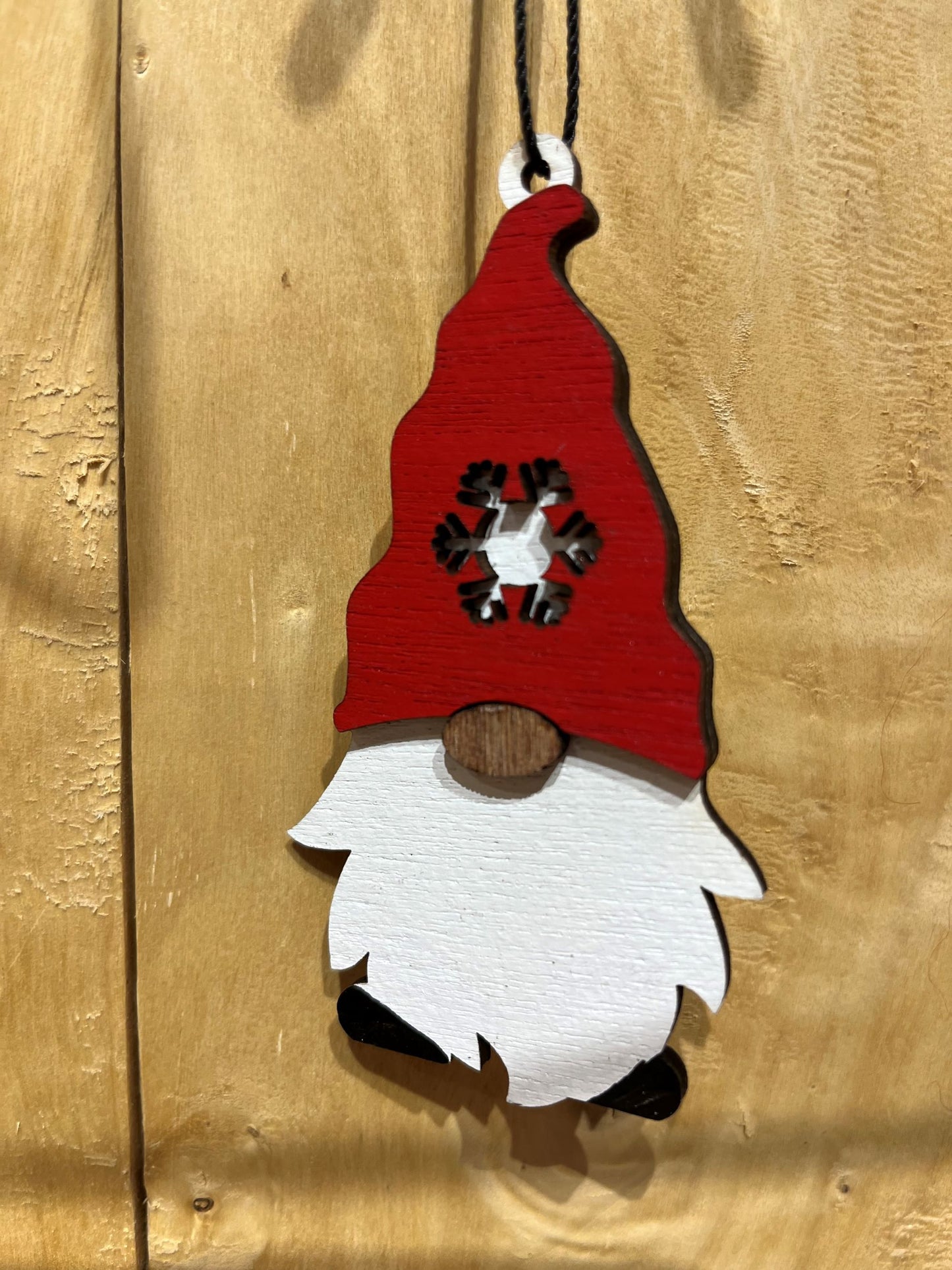 Wood Gnome Ornament - Snowflake Cut Out of Hat