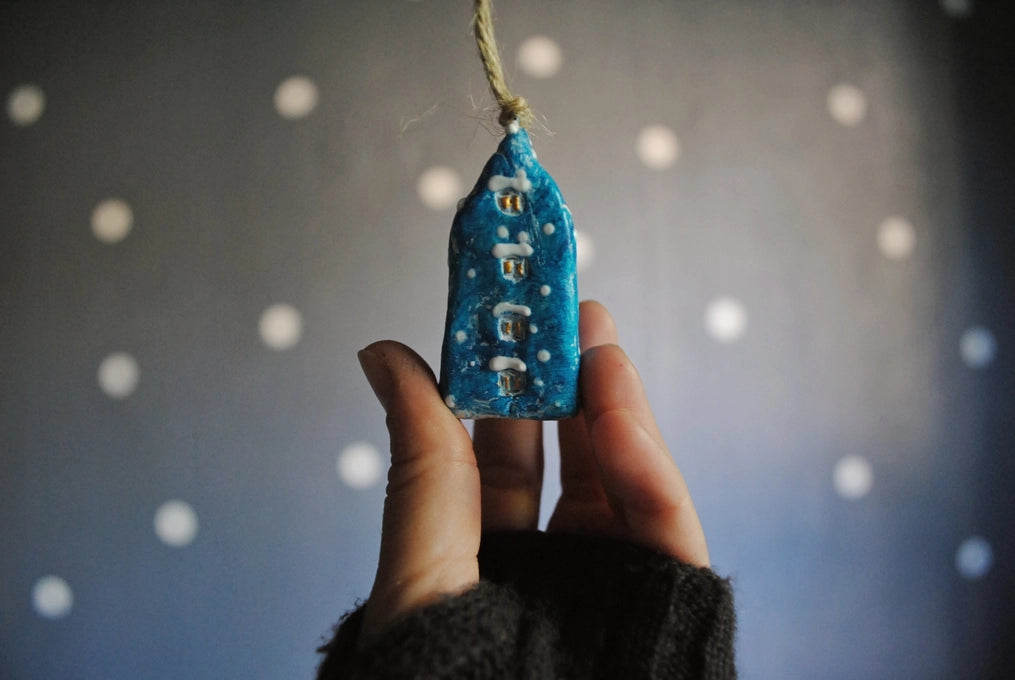 Mini Scandinavian Houses Collectible Christmas Ornaments - Snowy Blue