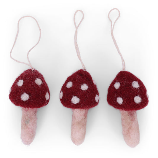 Felt Natural Mushroom Ornaments, Red, Set of 5