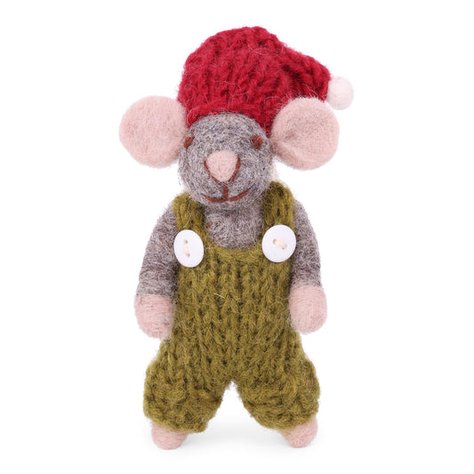 Felt Grey Mouse with Pine Green Pants Ornament
