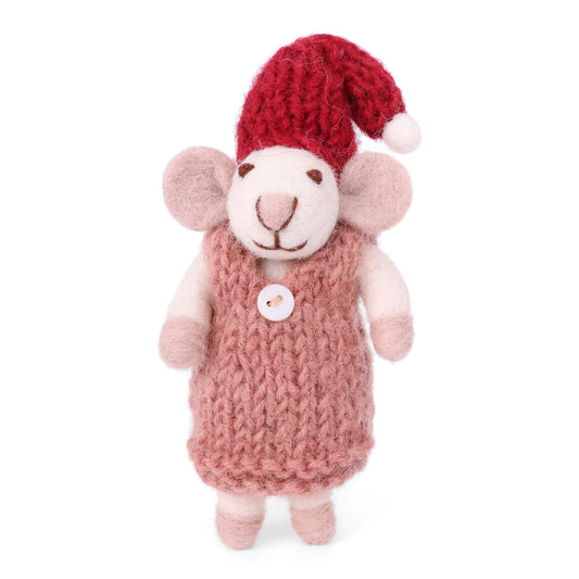 Felt White Mouse with Dusty Red Dress Ornament