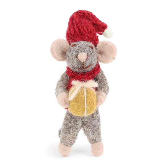 Felt Grey Mouse with Gold Present Ornament