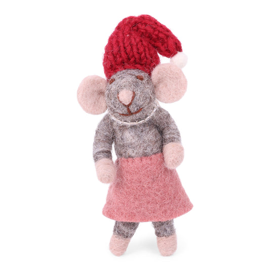 Felt Grey Mouse with Dusty Red Skirt Ornament