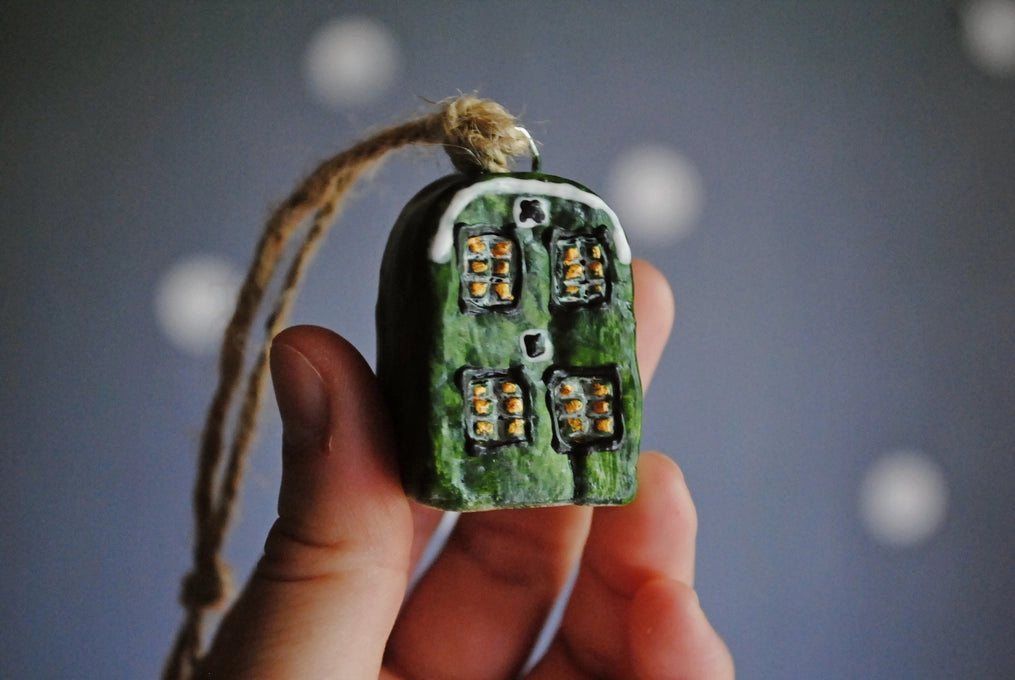 Mini Scandinavian House Collectible Christmas Ornament - Green