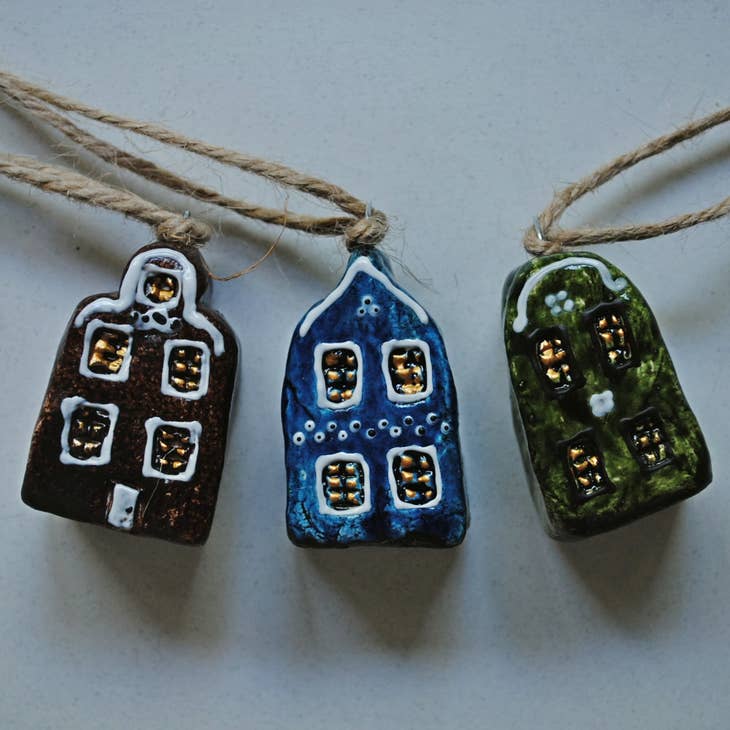 Mini Scandinavian Houses Collectible Christmas Ornaments - Blue