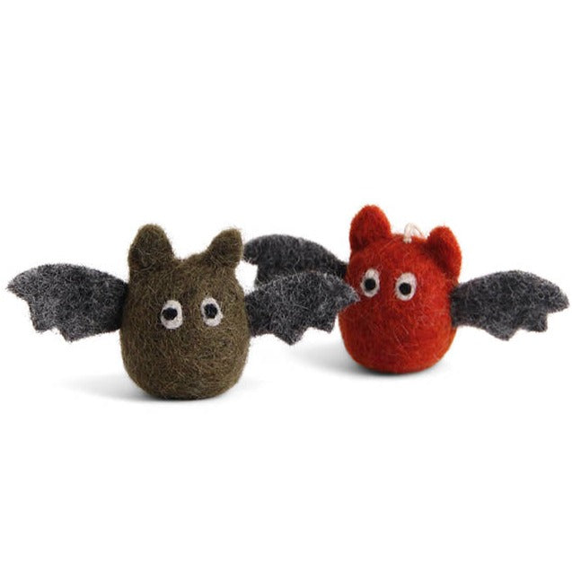 Felt Bat Ornament Set of 2 - Green & Rusty Red