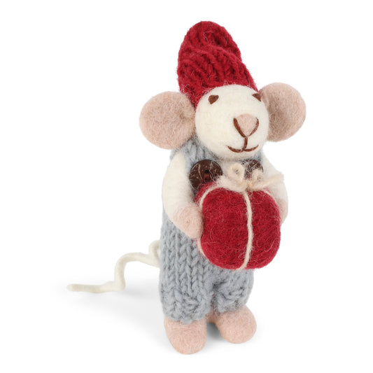Felt White Mouse with Blue Pants and Present Ornament