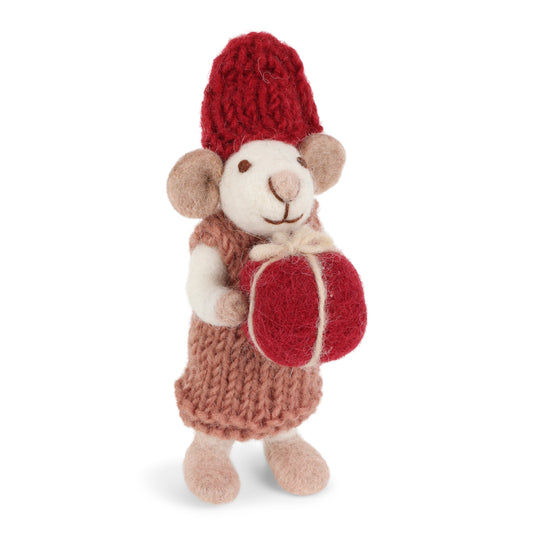 Felt White Mouse with Dusty Red Dress and Present Ornament