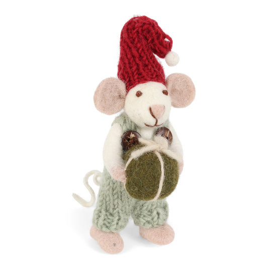 Felt White Mouse with Green Pants and Present Ornament