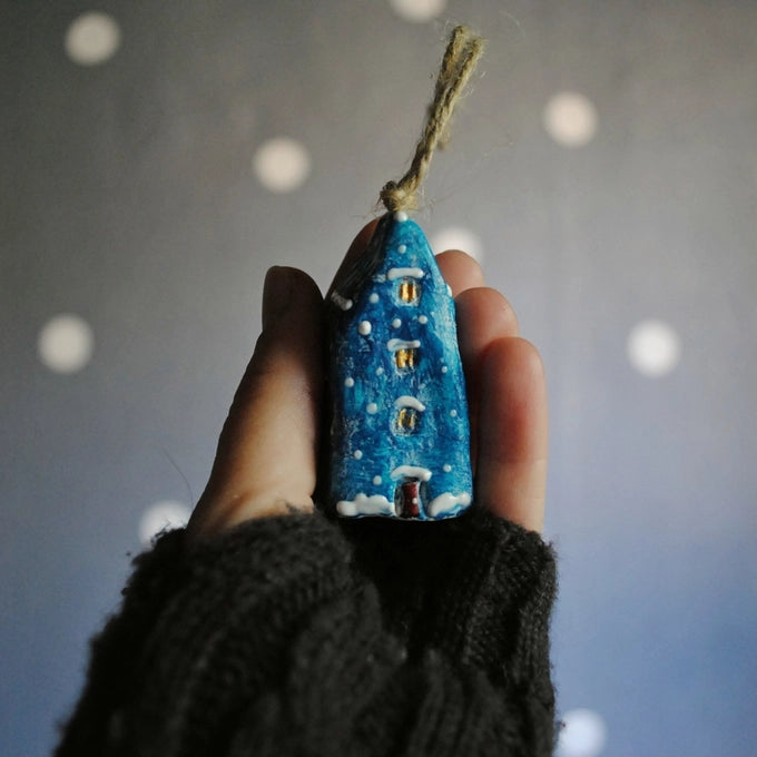 Mini Scandinavian Houses Collectible Christmas Ornaments - Snowy Blue