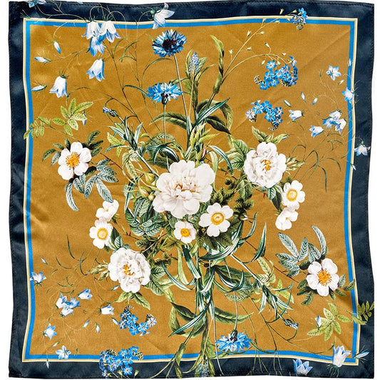 Silk Scarf - Blue Flower Garden on Gold (Large)