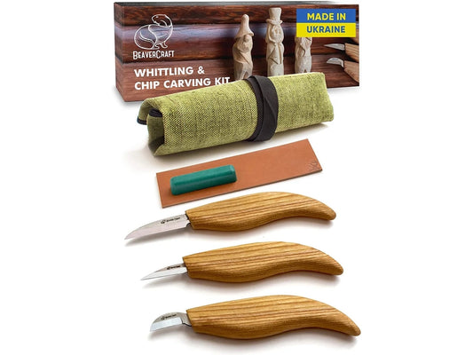 BeaverCraft S15 - Starter Chip and Whittle Knife Set with Accessories