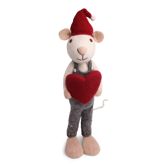 Felt X-Large White Mouse with Grey Pants and Heart