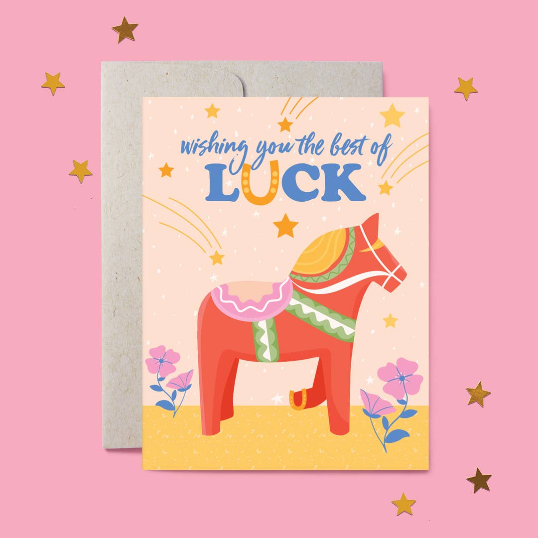 Greeting Cards - Swedish Dala Horse Good Luck