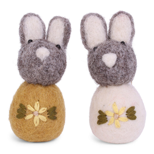 Felt Grey Bunny with Flower Embroidery Ornament, Yellow, Set of 2