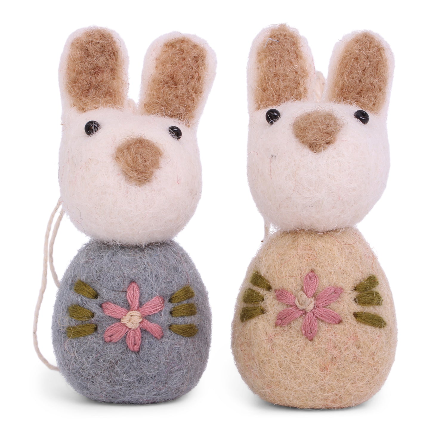 Felt White Bunny with Flower Embroidery Ornament, Blue, Set of 2