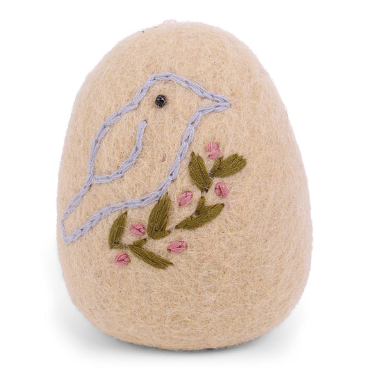 Felt Big Egg with Bird Ornament - Light Yellow