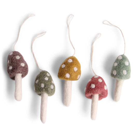 Felt Mushroom Ornaments, Burnt, Set of 5