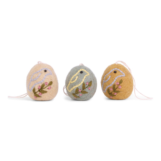 Felt Egg with Bird Ornament, Set of 3