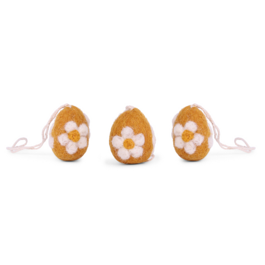 Felt Egg Ornament with Flowers, Yellow, Set of 3