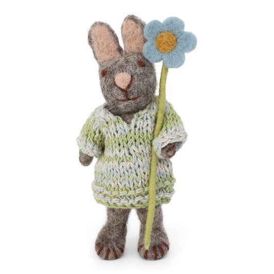 Felt Grey Bunny w/Dress & Blue Anemone Ornament