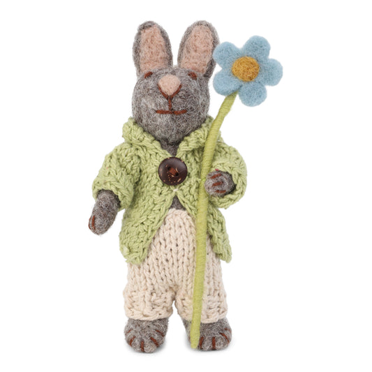 Felt Grey Bunny w/Jacket, Pants, & Blue Anemone Ornament