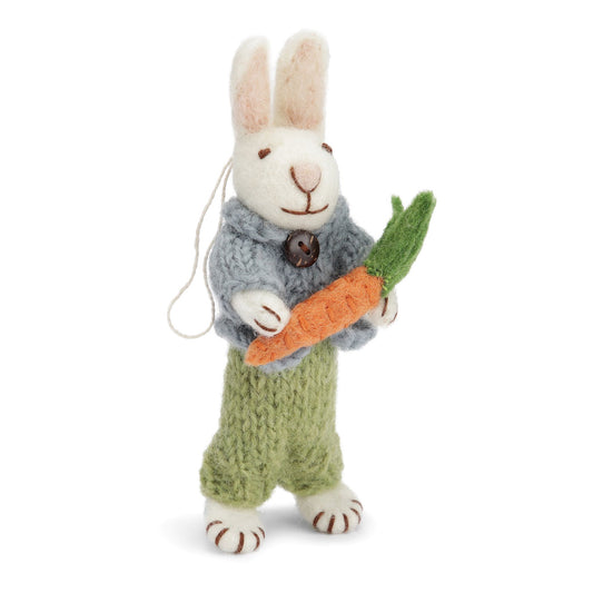 Felt White Bunny w/Blue Jacket, Green Pants, and Carrot Ornament