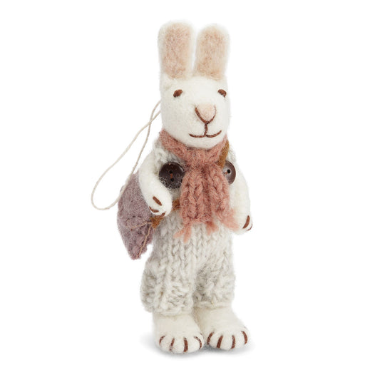 Felt White Bunny w/Rose Scarf & Grey Pants Ornament