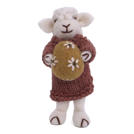 Felt White Sheep w/Dusty Red Dress & Egg Ornament