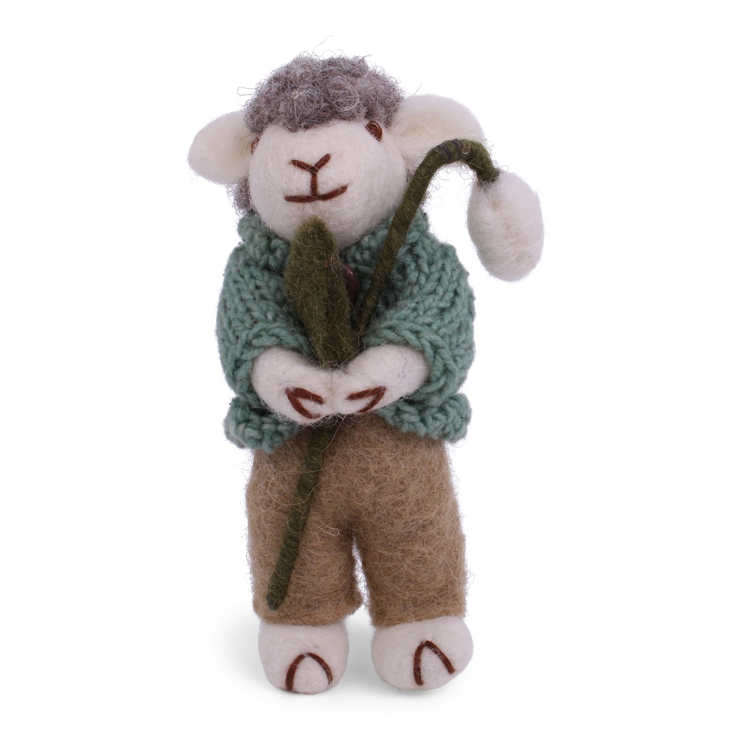 Felt Grey Sheep w/Green Jacket & Snowdrop Ornament