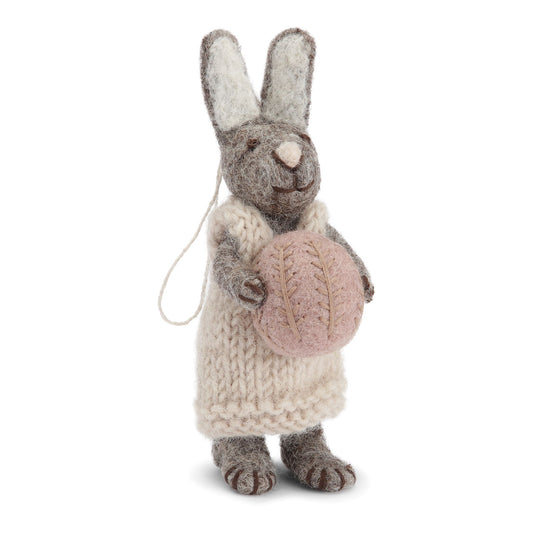 Felt Grey Bunny w/Light Grey Dress and Lavender Egg Ornament