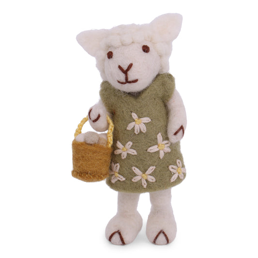 Felt White Sheep w/Green Dress & Egg Basket Ornament